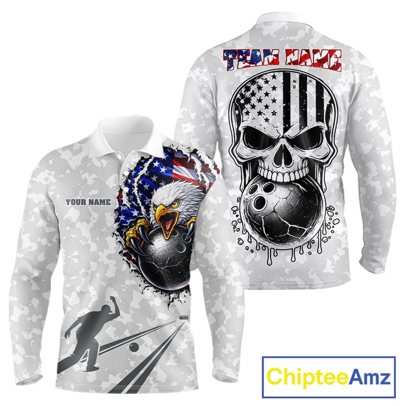 Personalized American Flag Skull Eagle Camo Bowling Team Shirts For Men, Patriotic Bowling Outfits NQS11648
