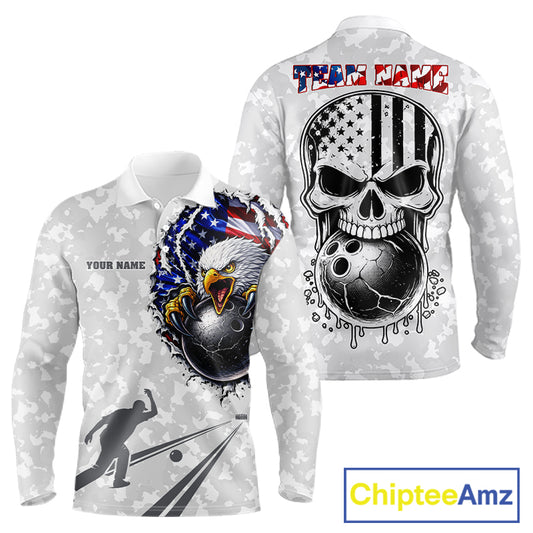 Personalized American Flag Skull Eagle Camo Bowling Team Shirts For Men, Patriotic Bowling Outfits NQS11648