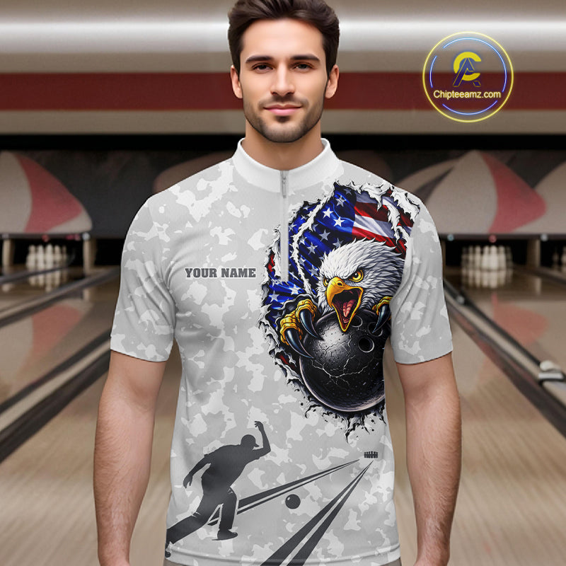 Personalized American Flag Skull Eagle Camo Bowling Team Shirts For Men, Patriotic Bowling Outfits NQS11648