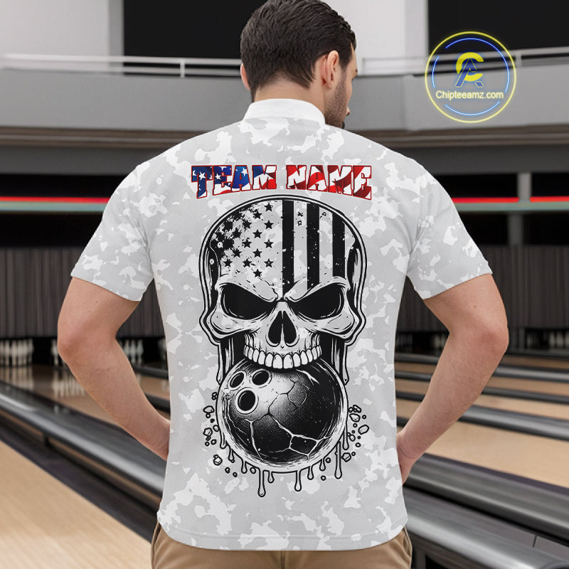 Personalized American Flag Skull Eagle Camo Bowling Team Shirts For Men, Patriotic Bowling Outfits NQS11648