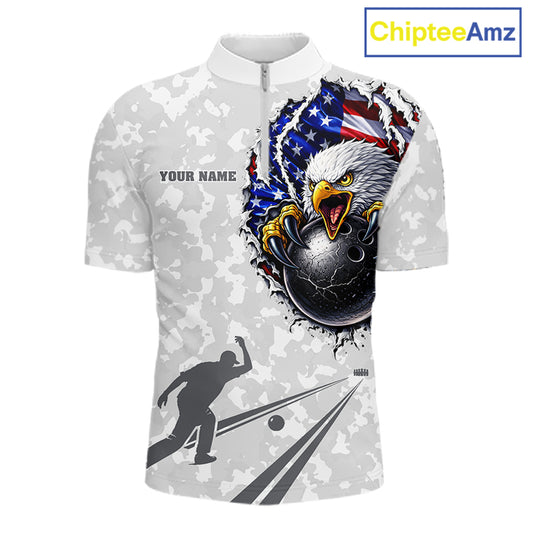 Personalized American Flag Skull Eagle Camo Bowling Team Shirts For Men, Patriotic Bowling Outfits NQS11648