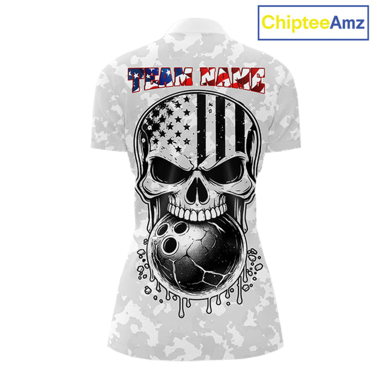 Personalized American Flag Skull Eagle Camo Bowling Team Shirts For Women, Patriotic Bowling Outfits NQS11648