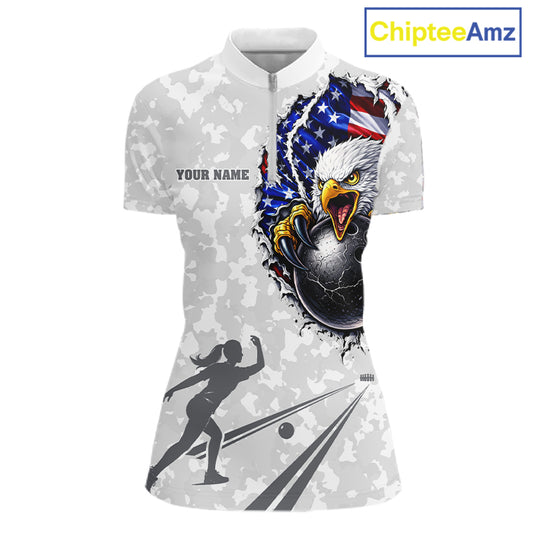 Personalized American Flag Skull Eagle Camo Bowling Team Shirts For Women, Patriotic Bowling Outfits NQS11648