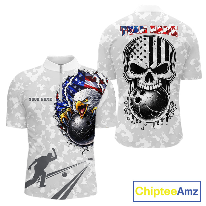 Personalized American Flag Skull Eagle Camo Bowling Team Shirts For Men, Patriotic Bowling Outfits NQS11648