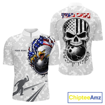 Personalized American Flag Skull Eagle Camo Bowling Team Shirts For Men, Patriotic Bowling Outfits NQS11648