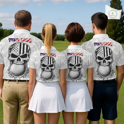 Personalized American Flag Skull Eagle Camo Golf Polo Shirts For Women, Patriotic Ladies Golf Outfits NQS11649