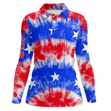 Load image into Gallery viewer, Red, white and blue tie dye American flag Womens golf polo shirts custom team golf shirts ladies NQS5466