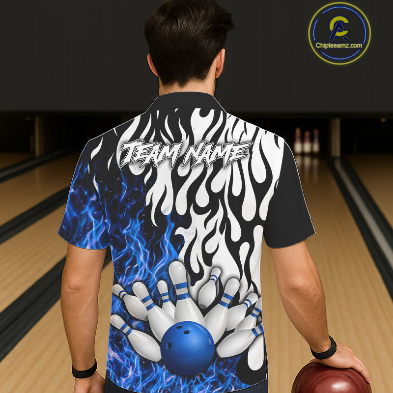 Black, White and Blue Flame Bowling Hawaiian Jersey Custom Bowling Team Button-up Shirts NQS11739