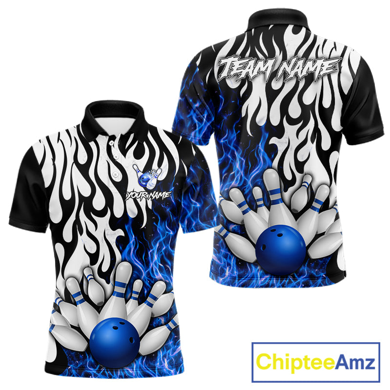 Black, White and Blue Flame Bowling Polo, Quarter Zip Shirts For Men Custom Bowling Team Jerseys NQS11739