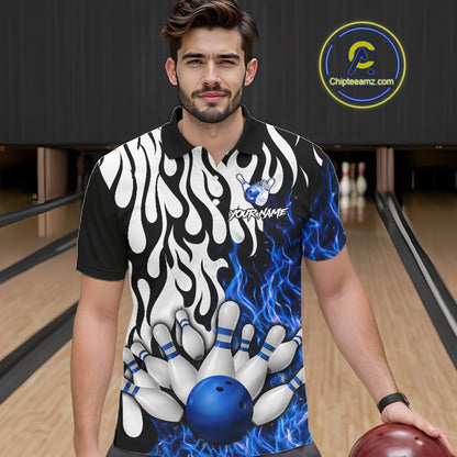 Black, White and Blue Flame Bowling Polo, Quarter Zip Shirts For Men Custom Bowling Team Jerseys NQS11739
