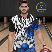 Load image into Gallery viewer, Black, White and Blue Flame Bowling Polo, Quarter Zip Shirts For Men Custom Bowling Team Jerseys NQS11739