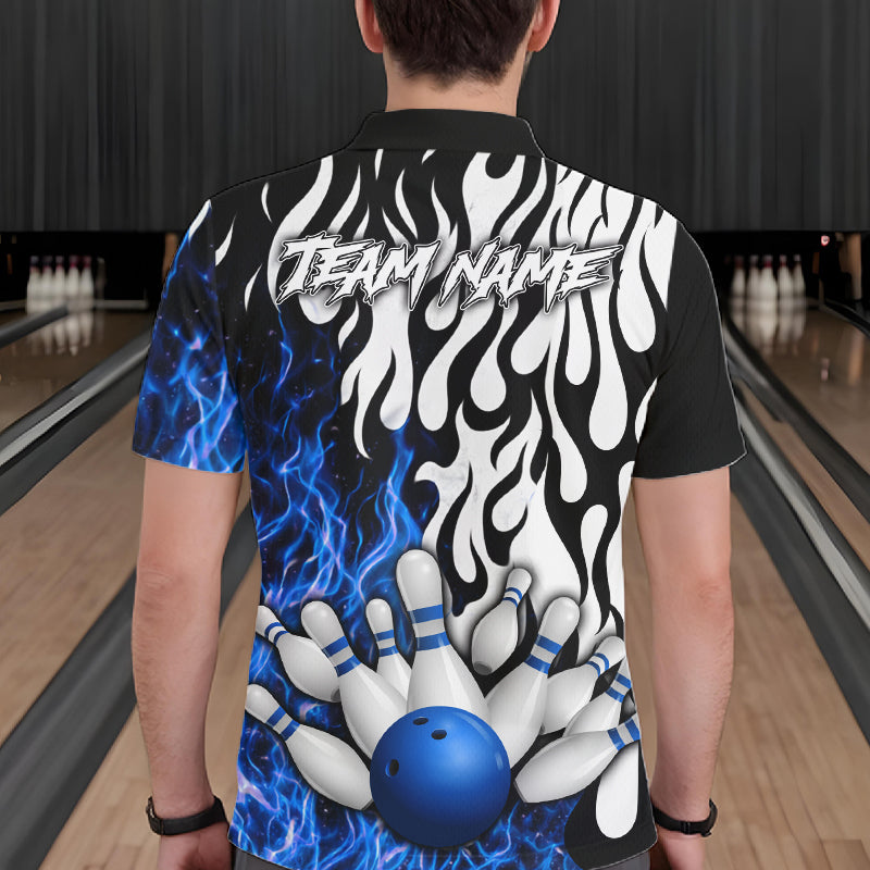 Black, White and Blue Flame Bowling Polo, Quarter Zip Shirts For Men Custom Bowling Team Jerseys NQS11739