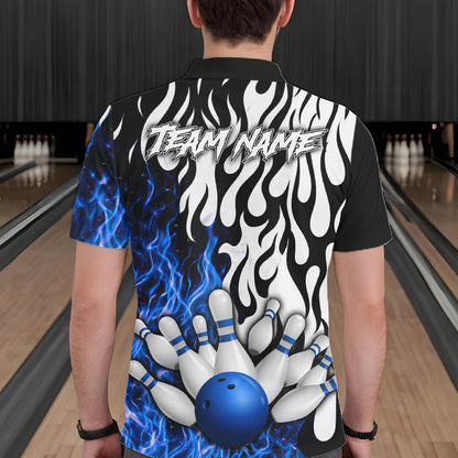 Black, White and Blue Flame Bowling Polo, Quarter Zip Shirts For Men Custom Bowling Team Jerseys NQS11739