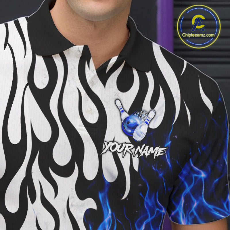 Black, White and Blue Flame Bowling Polo, Quarter Zip Shirts For Men Custom Bowling Team Jerseys NQS11739
