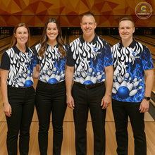 Load image into Gallery viewer, Black, White and Blue Flame Bowling Polo, Quarter Zip Shirts For Men Custom Bowling Team Jerseys NQS11739