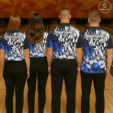 Load image into Gallery viewer, Black, White and Blue Flame Bowling Polo, Quarter Zip Shirts For Men Custom Bowling Team Jerseys NQS11739