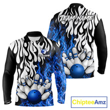 Load image into Gallery viewer, Black, White and Blue Flame Bowling Polo, Quarter Zip Shirts For Men Custom Bowling Team Jerseys NQS11739