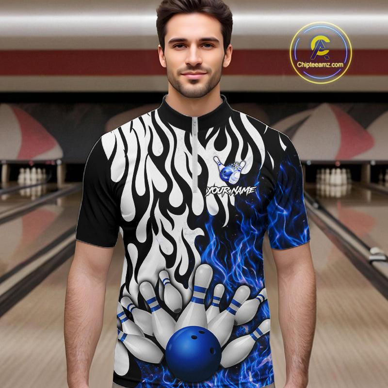 Black, White and Blue Flame Bowling Polo, Quarter Zip Shirts For Men Custom Bowling Team Jerseys NQS11739