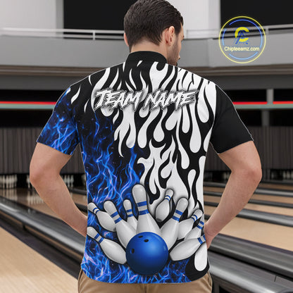 Black, White and Blue Flame Bowling Polo, Quarter Zip Shirts For Men Custom Bowling Team Jerseys NQS11739