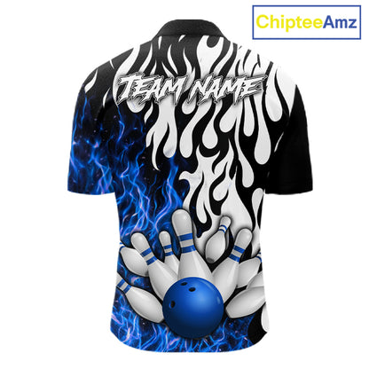 Black, White and Blue Flame Bowling Polo, Quarter Zip Shirts For Men Custom Bowling Team Jerseys NQS11739