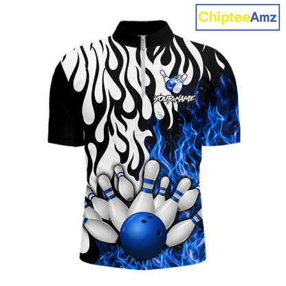 Black, White and Blue Flame Bowling Polo, Quarter Zip Shirts For Men Custom Bowling Team Jerseys NQS11739