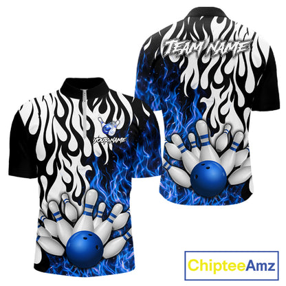 Black, White and Blue Flame Bowling Polo, Quarter Zip Shirts For Men Custom Bowling Team Jerseys NQS11739