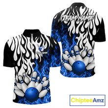 Load image into Gallery viewer, Black, White and Blue Flame Bowling Polo, Quarter Zip Shirts For Men Custom Bowling Team Jerseys NQS11739