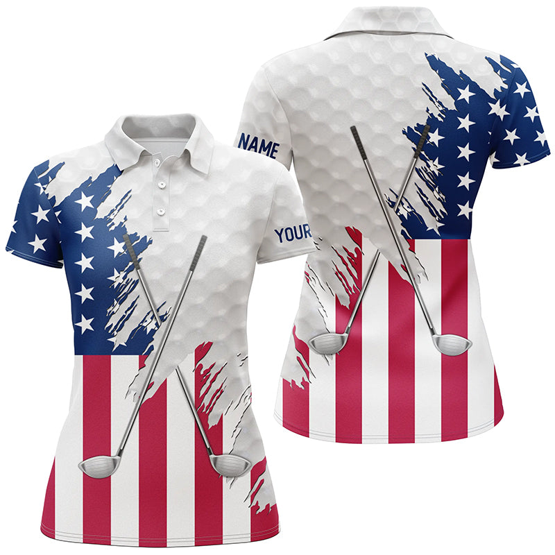 American flag golf clubs patriotic custom name white Womens golf polo shirts, team ladies golf tops NQS7470