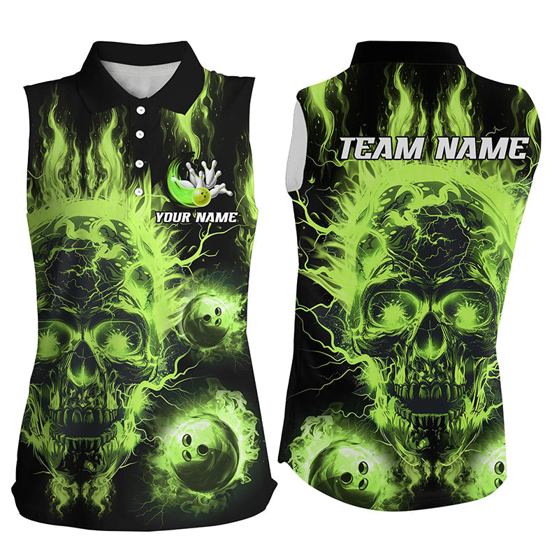 Green flame skull Bowling ball Women sleeveless polo shirts custom bowling jerseys, bowl gifts NQS7629