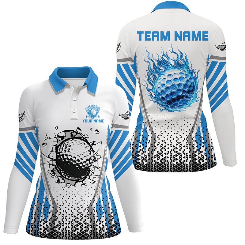 Blue flame golf ball wall break white Womens golf polo shirts custom golf attire for women NQS7824