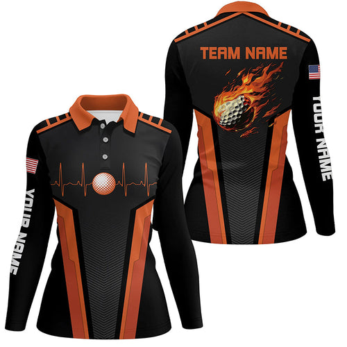 Black and orange Womens golf polo shirts custom Flame golf ball team golf tops for ladies NQS7828