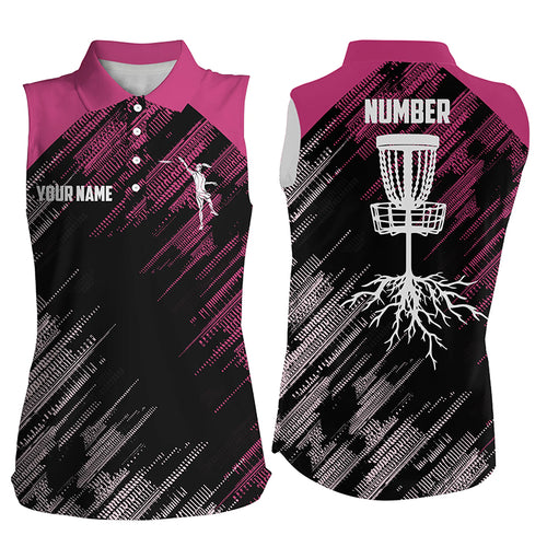 Pink Disc golf basket camo custom name & number Womens sleeveless polo shirt, disco golf outfit NQS6140