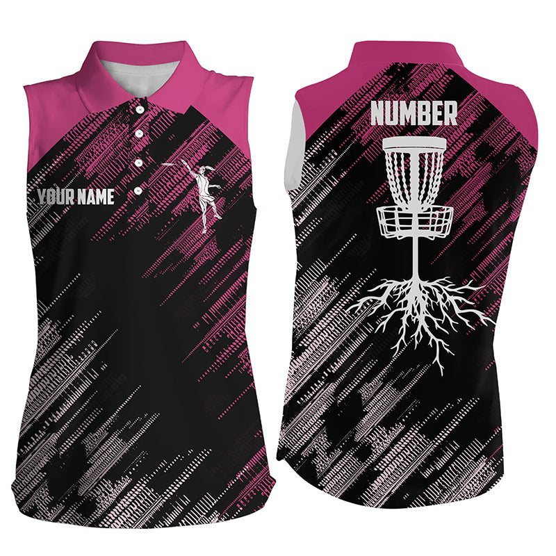 Pink Disc golf basket camo custom name & number Womens sleeveless polo shirt, disco golf outfit NQS6140