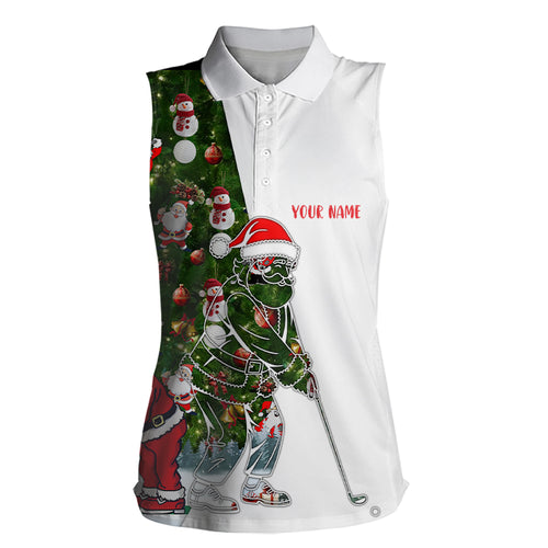 Womens sleeveless golf polo shirt Christmas Santa pattern golf Santa playing golf apparel NQS6604