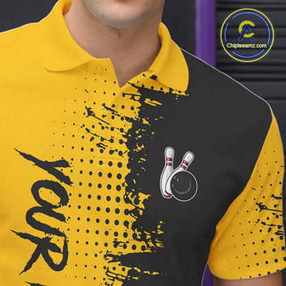 Yellow and Black Bowling Polo, Quarter Zip shirts for Men Custom Bowling Team Jerseys NQS10880
