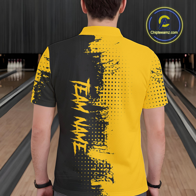 Yellow and Black Bowling Polo, Quarter Zip shirts for Men Custom Bowling Team Jerseys NQS10880