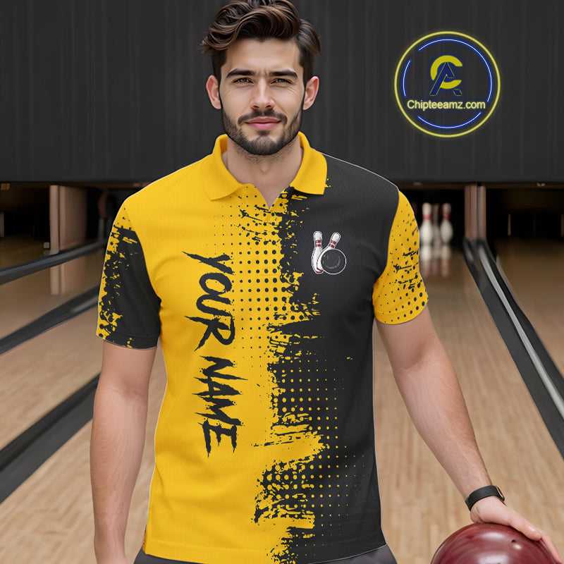 Yellow and Black Bowling Polo, Quarter Zip shirts for Men Custom Bowling Team Jerseys NQS10880