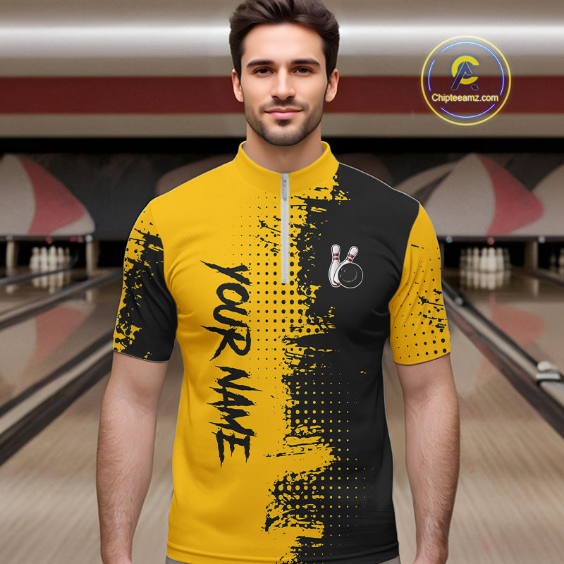 Yellow and Black Bowling Polo, Quarter Zip shirts for Men Custom Bowling Team Jerseys NQS10880