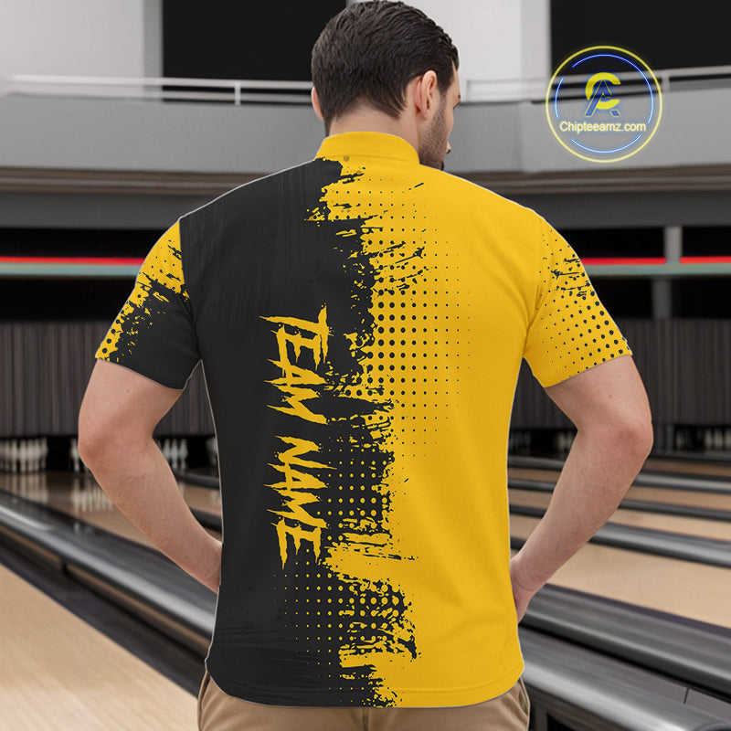Yellow and Black Bowling Polo, Quarter Zip shirts for Men Custom Bowling Team Jerseys NQS10880