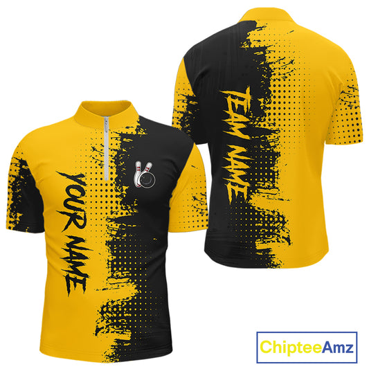 Yellow and Black Bowling Polo, Quarter Zip shirts for Men Custom Bowling Team Jerseys NQS10880