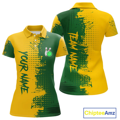 Yellow and Green Bowling Polo, Quarter Zip shirts for Women Custom Bowling Team Jerseys NQS10881