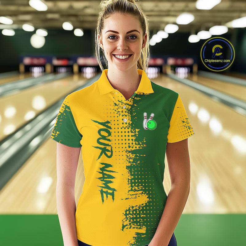 Yellow and Green Bowling Polo, Quarter Zip shirts for Women Custom Bowling Team Jerseys NQS10881