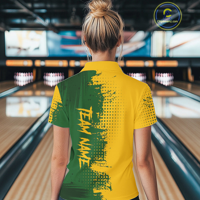 Yellow and Green Bowling Polo, Quarter Zip shirts for Women Custom Bowling Team Jerseys NQS10881