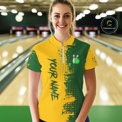 Yellow and Green Bowling Polo, Quarter Zip shirts for Women Custom Bowling Team Jerseys NQS10881