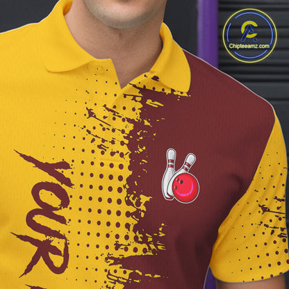 Yellow and Red Bowling Polo, Quarter Zip shirts for Men Custom Bowling Team Jerseys NQS10882