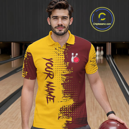 Yellow and Red Bowling Polo, Quarter Zip shirts for Men Custom Bowling Team Jerseys NQS10882