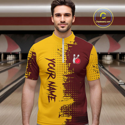 Yellow and Red Bowling Polo, Quarter Zip shirts for Men Custom Bowling Team Jerseys NQS10882