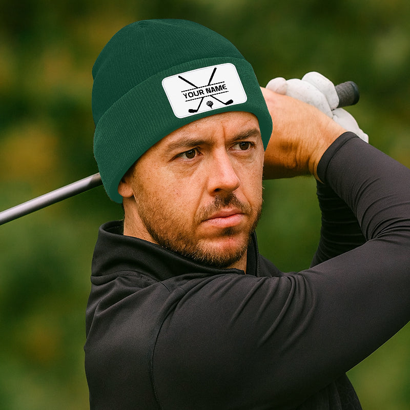 Personalized Golf Knit Beanie Hat Custom Winter Rectangle Patch Golf Beanie Hat, unique golf gifts NQS10888