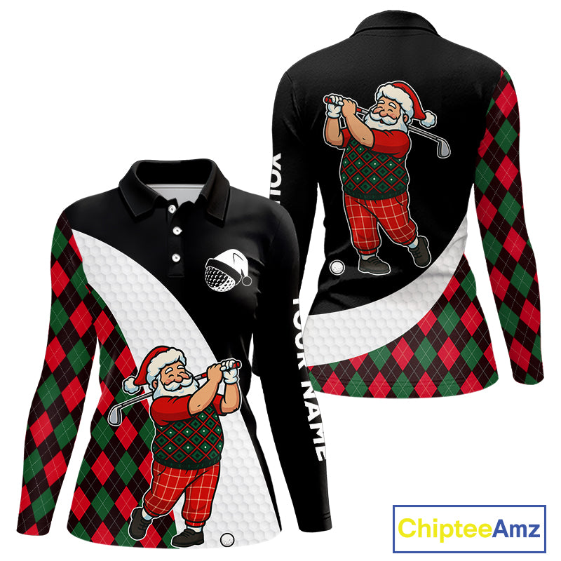 Funny Santa Golf Christmas Womens Polo Shirt green and red argyle pattern Custom Ladies Golf outfit NQS11053