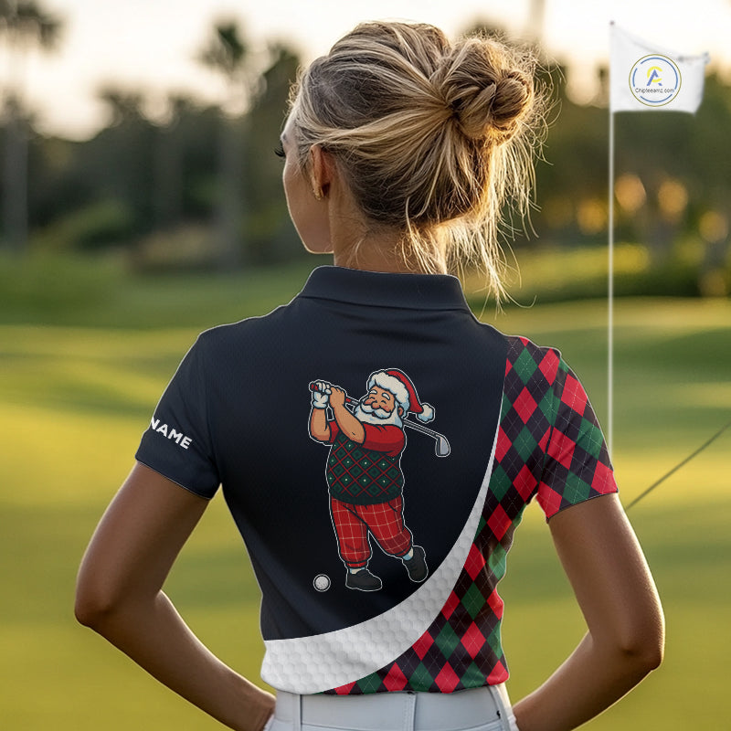 Funny Santa Golf Christmas Womens Polo Shirt green and red argyle pattern Custom Ladies Golf outfit NQS11053